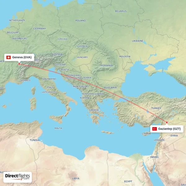 Geneva - Gaziantep direct flight map