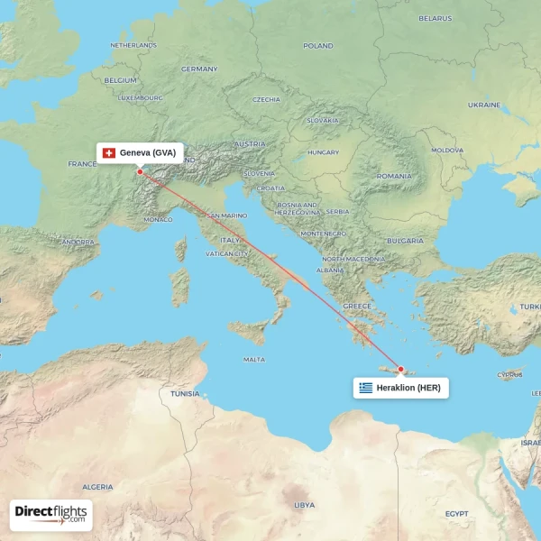 Geneva - Heraklion direct flight map