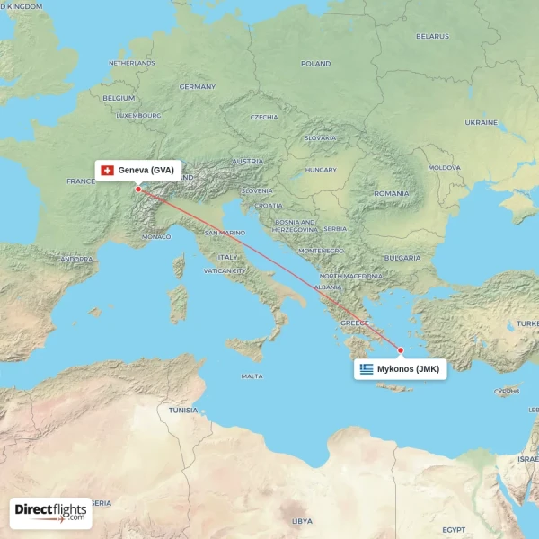Geneva - Mykonos direct flight map