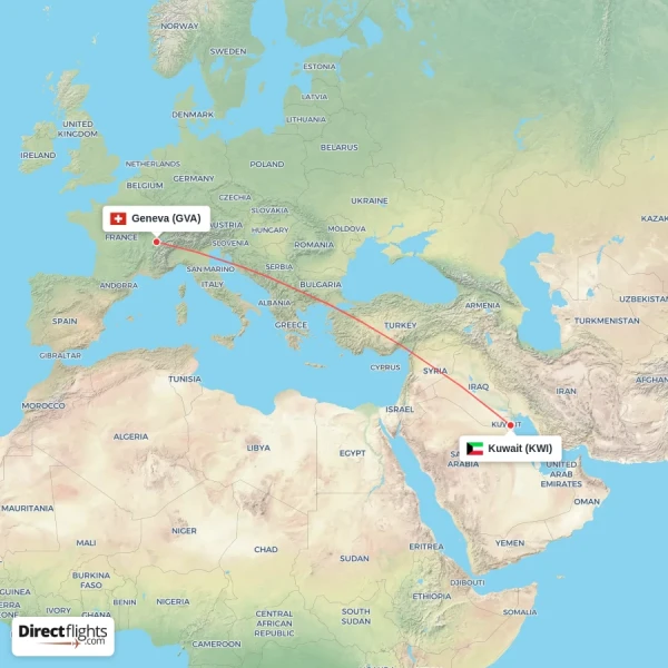 Geneva - Kuwait direct flight map