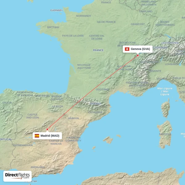 Geneva - Madrid direct flight map