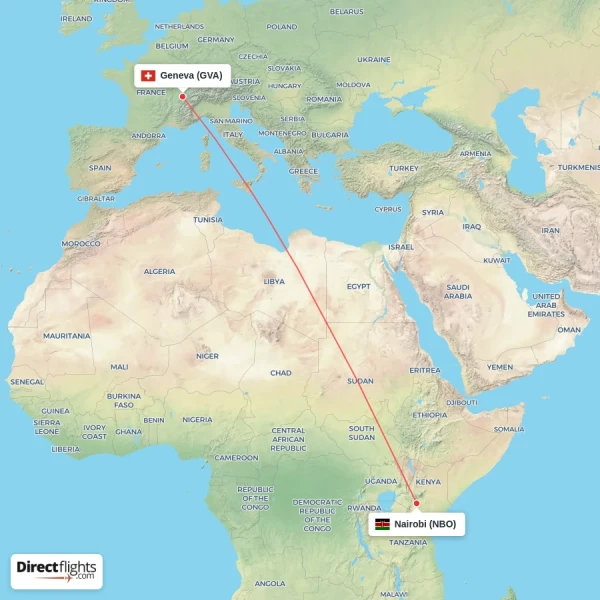 Geneva - Nairobi direct flight map