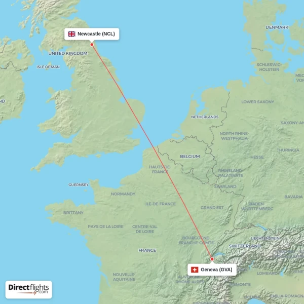 Geneva - Newcastle direct flight map