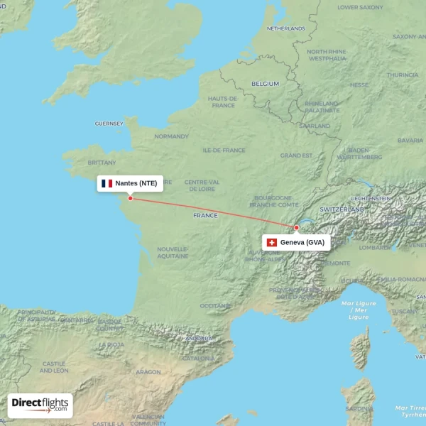 Geneva - Nantes direct flight map
