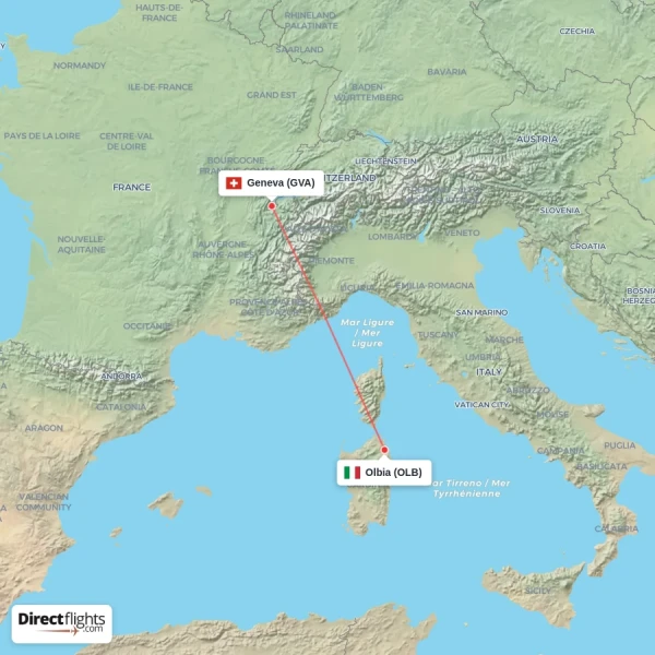 Geneva - Olbia direct flight map