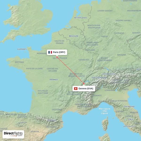 Geneva - Paris direct flight map