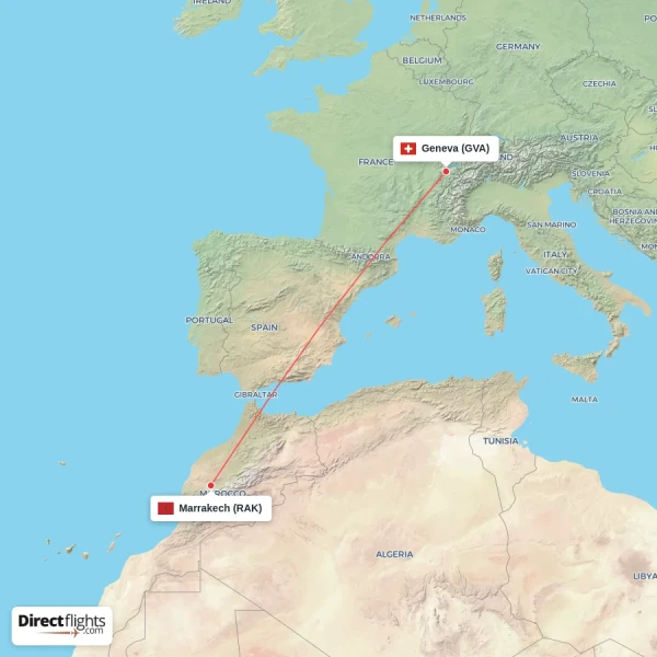 Geneva - Marrakech direct flight map
