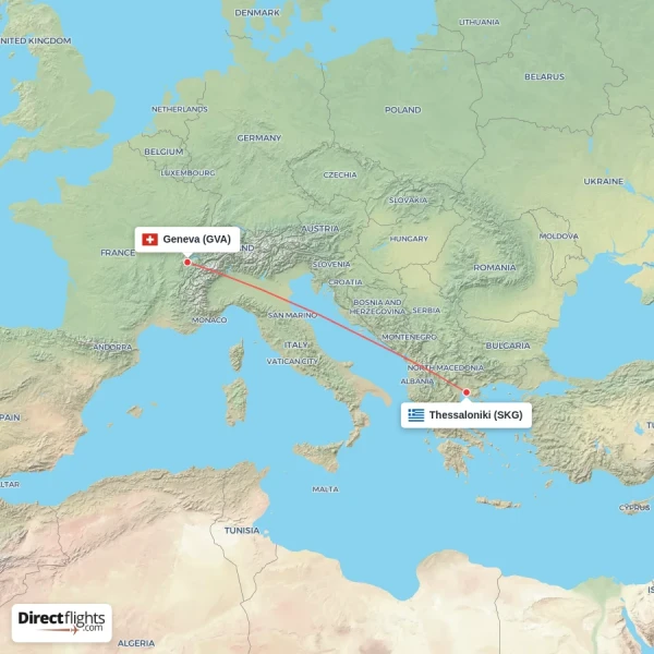 Geneva - Thessaloniki direct flight map