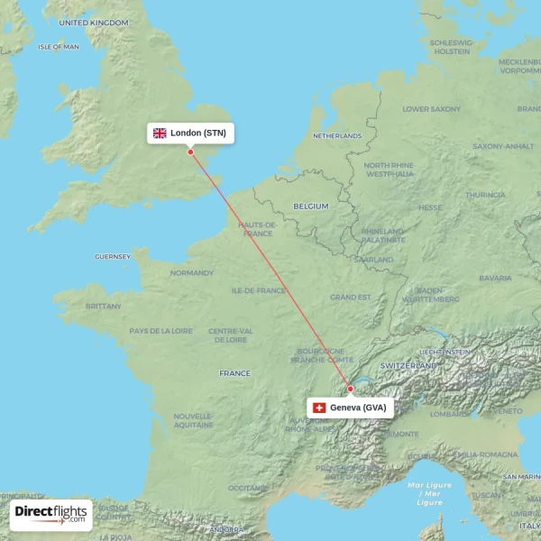 Geneva - London direct flight map
