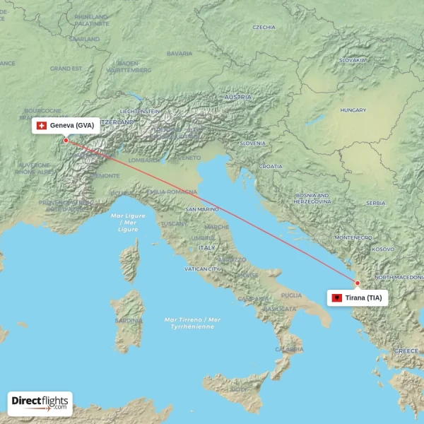 Geneva - Tirana direct flight map