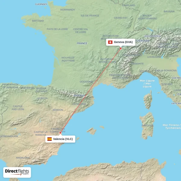 Geneva - Valencia direct flight map