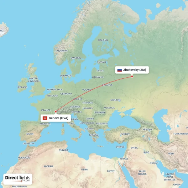 Geneva - Zhukovsky direct flight map