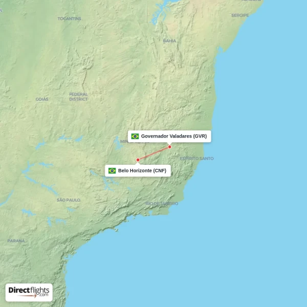 Governador Valadares - Belo Horizonte direct flight map