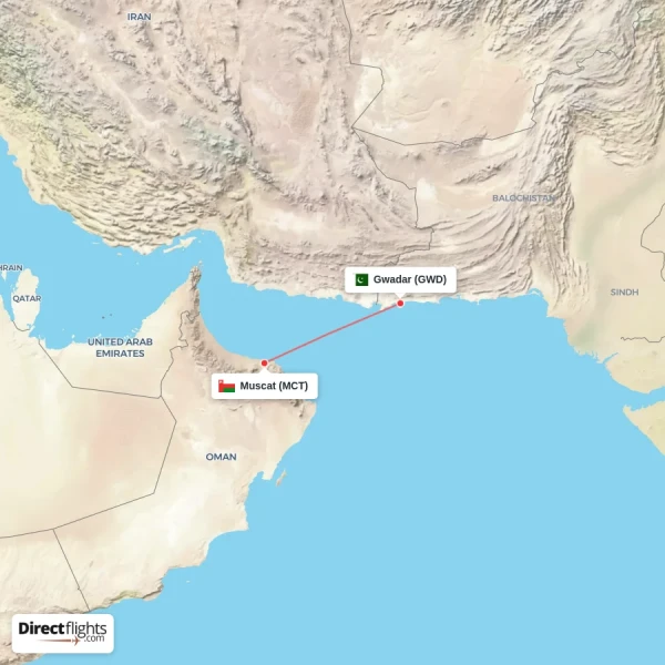 Gwadar - Muscat direct flight map