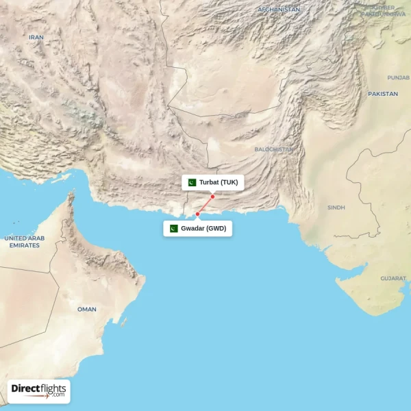 Gwadar - Turbat direct flight map