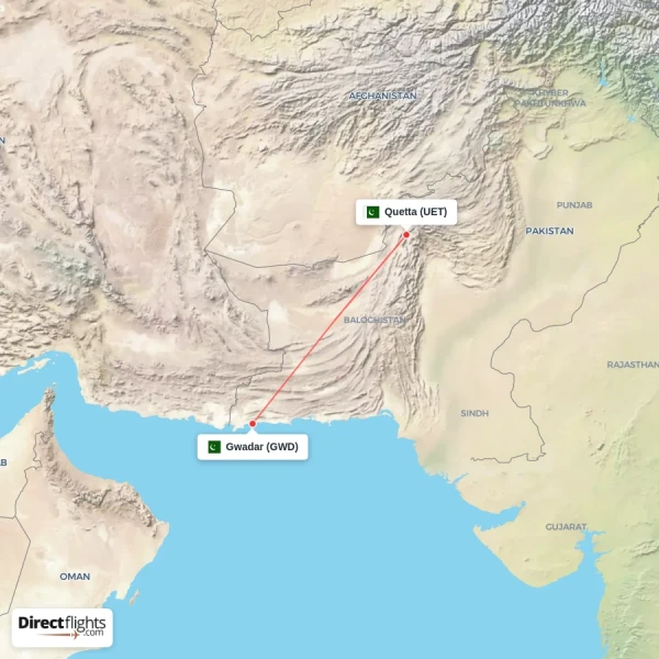 Gwadar - Quetta direct flight map