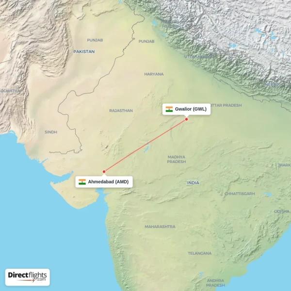 Gwalior - Ahmedabad direct flight map
