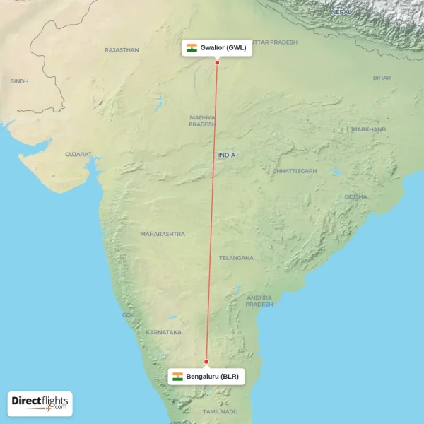 Gwalior - Bengaluru direct flight map
