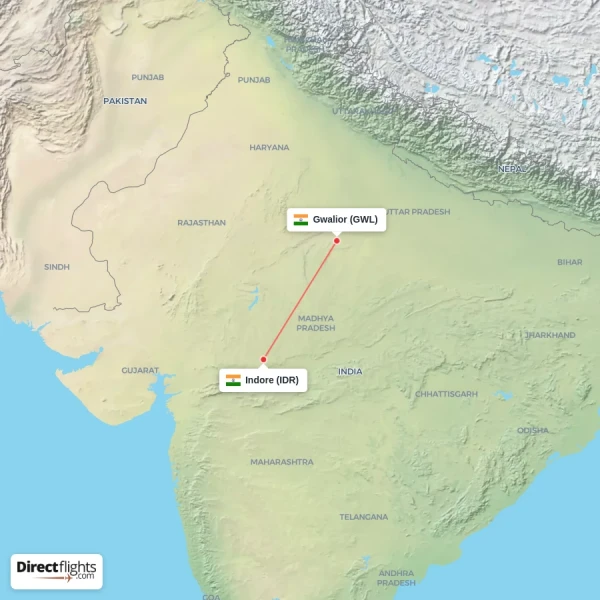 Gwalior - Indore direct flight map