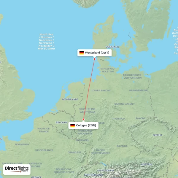 Westerland - Cologne direct flight map