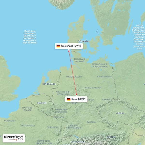 Westerland - Kassel direct flight map