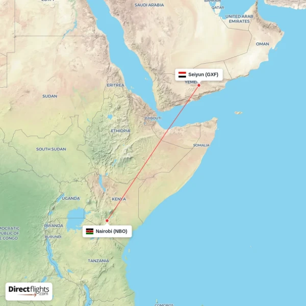 Seiyun - Nairobi direct flight map