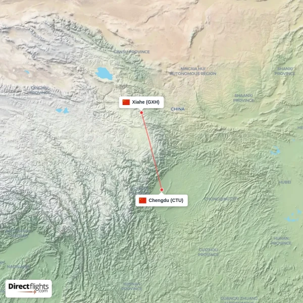 Xiahe - Chengdu direct flight map