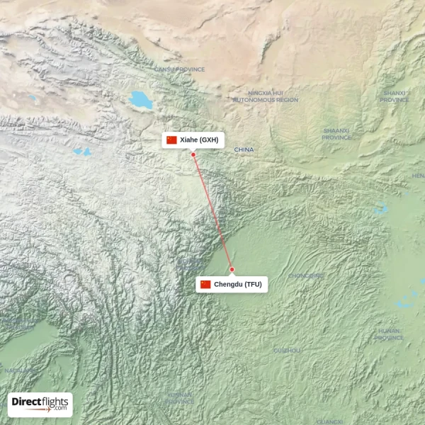 Xiahe - Chengdu direct flight map