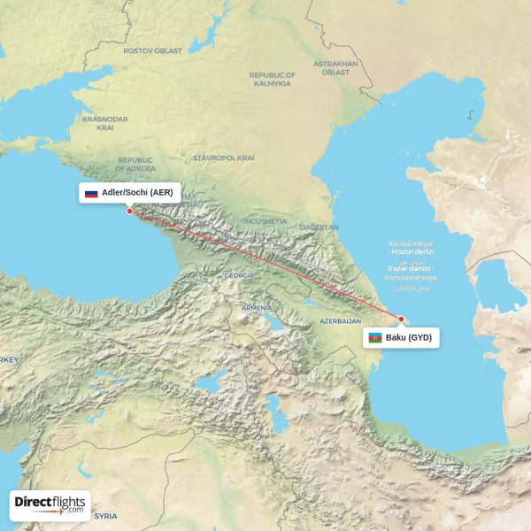 Baku - Adler/Sochi direct flight map