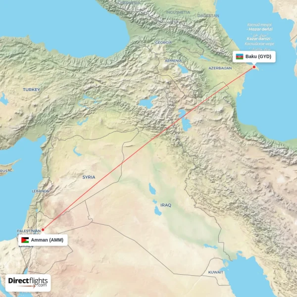 Baku - Amman direct flight map