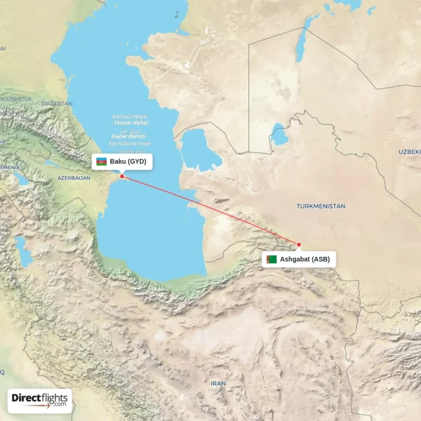Baku - Ashgabat direct flight map