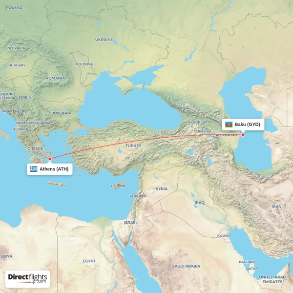 Baku - Athens direct flight map