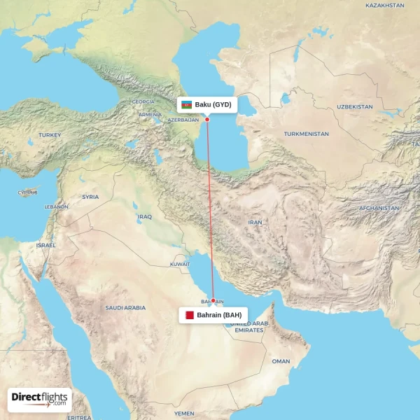 Baku - Bahrain direct flight map