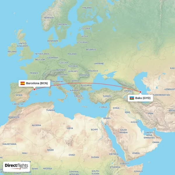 Baku - Barcelona direct flight map