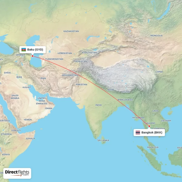Baku - Bangkok direct flight map