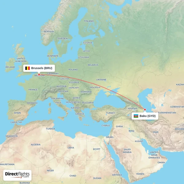 Baku - Brussels direct flight map