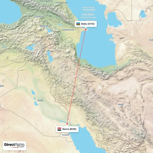 Baku - Basra direct flight map
