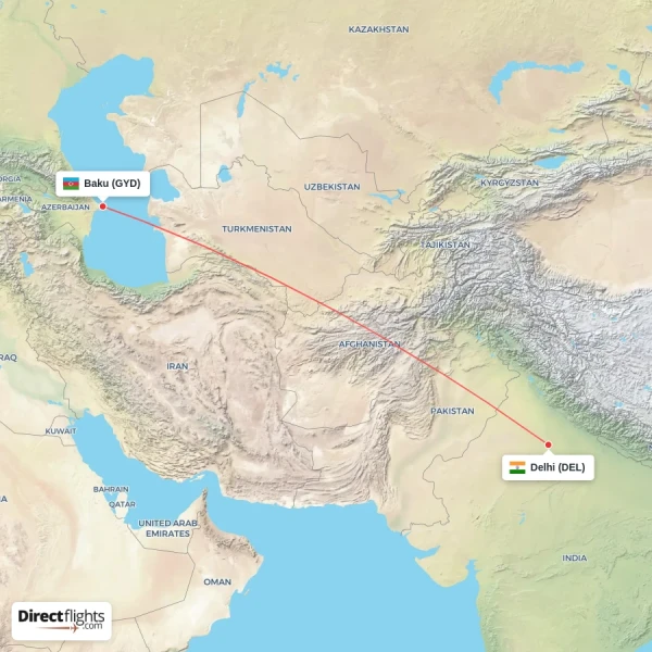 Baku - Delhi direct flight map