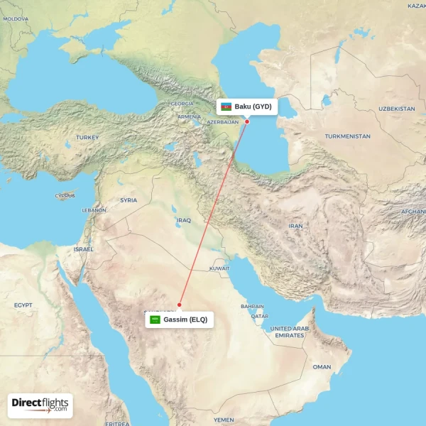 Baku - Gassim direct flight map