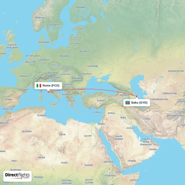 Baku - Rome direct flight map