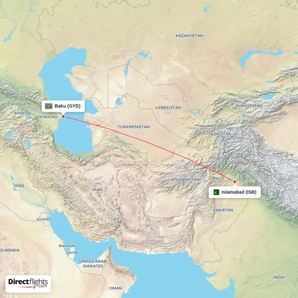 Baku - Islamabad direct flight map
