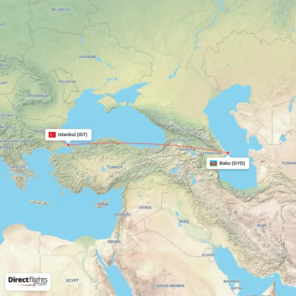 Baku - Istanbul direct flight map