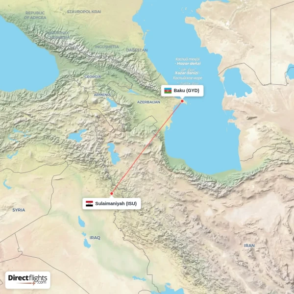 Baku - Sulaimaniyah direct flight map