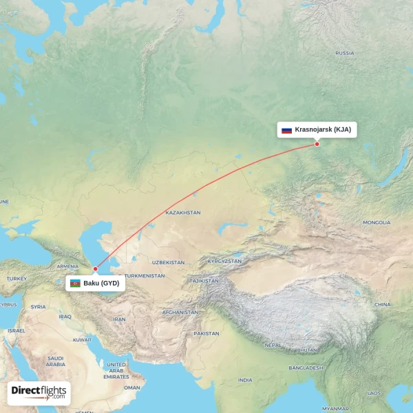 Baku - Krasnojarsk direct flight map