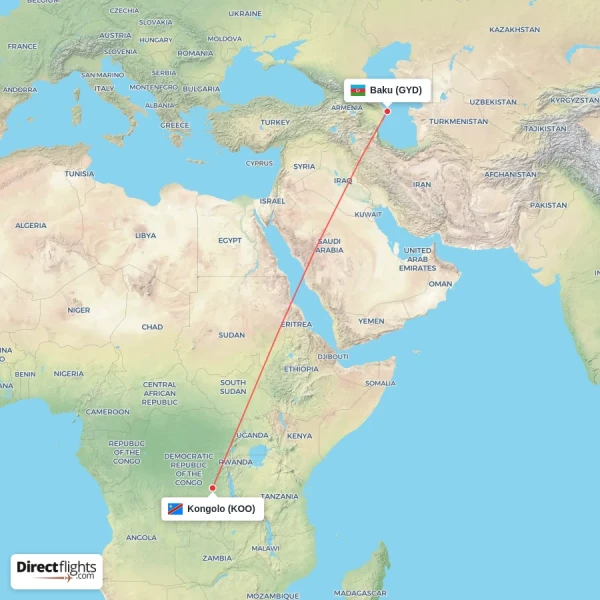 Baku - Kongolo direct flight map