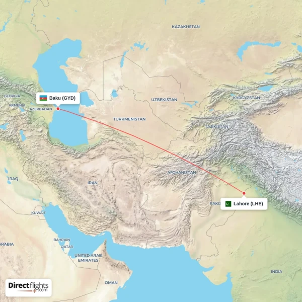 Baku - Lahore direct flight map