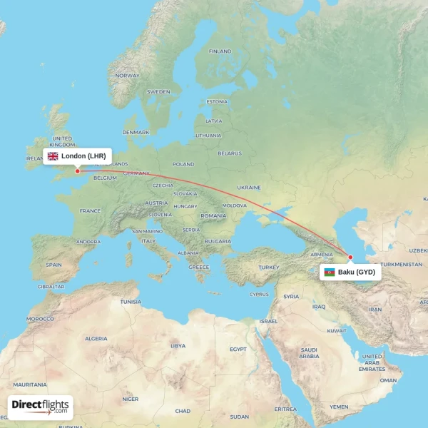 Baku - London direct flight map