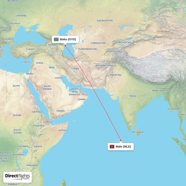 Baku - Male direct flight map