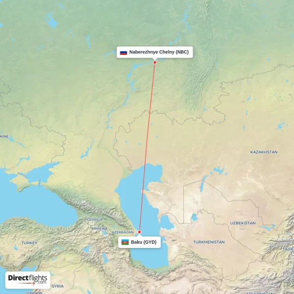 Baku - Naberezhnye Chelny direct flight map