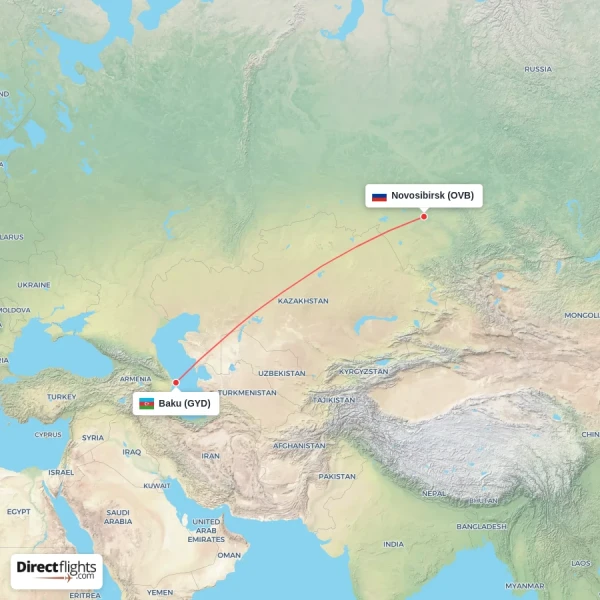 Baku - Novosibirsk direct flight map